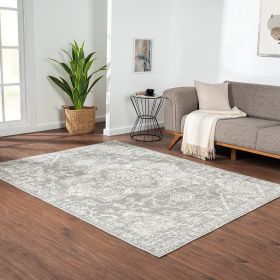 Cream / Grey Distressed Medallion Woven Area Rug, 5' x 7'