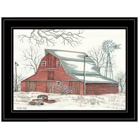 Black Framed "Winter Barn with Pickup Truck" by Cindy Jacobs