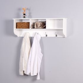 White Wall Mounted Coat Rack with 4 Dual Hooks Wooden Shelf