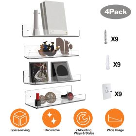 Clear Acrylic Floating Wall Mounted Shelves, 4 Pack, 15"