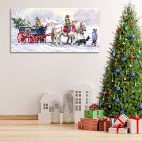 Kids Riding White Horse Sledge Chrismas Gift Painting, 16 x 32