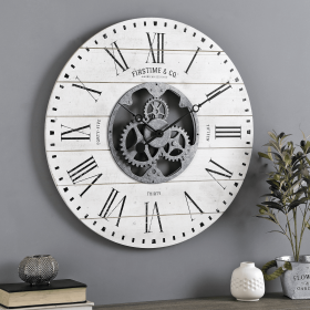 FirsTime & Co. White Shiplap Gears Clock, Farmhouse,  27"