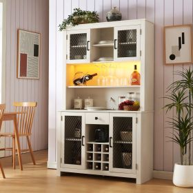 White Farmhouse Cabinet with LED Lights ,Outlet, Wine Rack