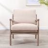 Tan Linen Wood Frame Mid Century Modern Accent Chair