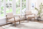 Tan Linen Wood Frame Mid Century Modern Accent Chair