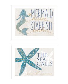 White Framed "Mermaid Kisses Starfish Wishes" by Kate Sherrill (Option: Color)