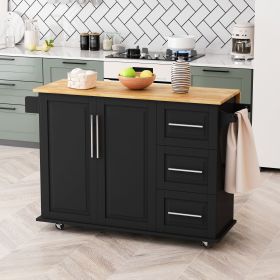 Kitchen Island w/ 2 Doors, 3 Drawer, Spice Rack, Towel Rack (Color: black)