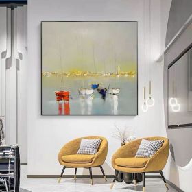 Ocean Canvas Painting Sunrise Boat Landscape Beach House (size: 60x60cm)